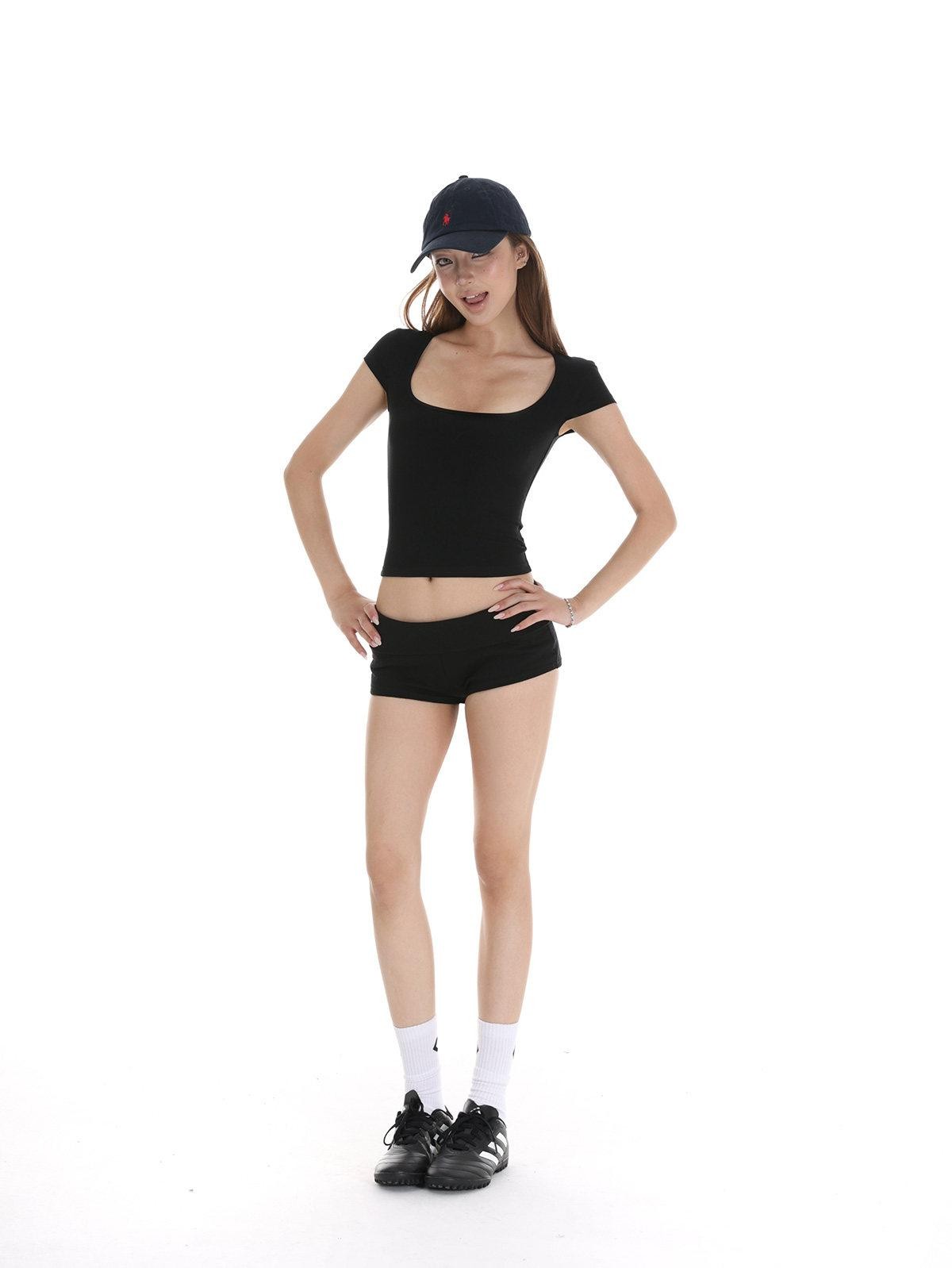 iamxiaa Two Tone Foldable Hem Ribbed Panel Slimming Hip Hugging Women&