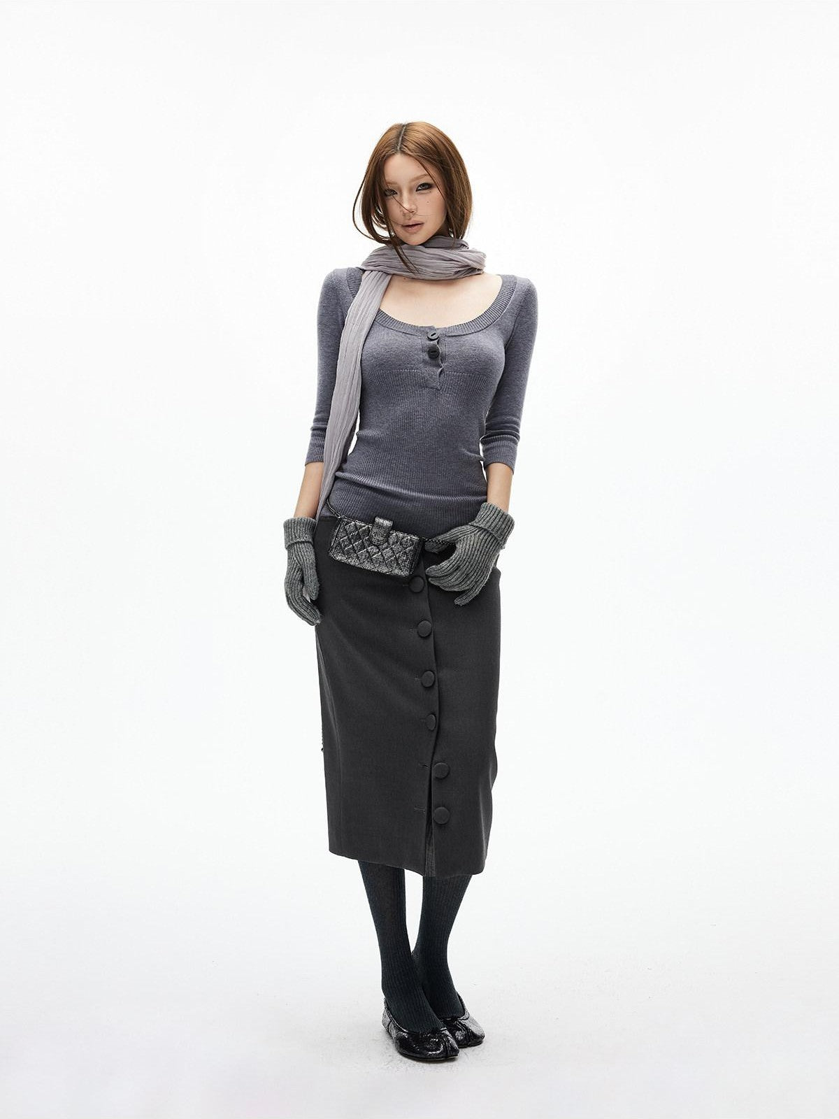 iamxiaa Two Tone U Neck Henley Bone Button Women&