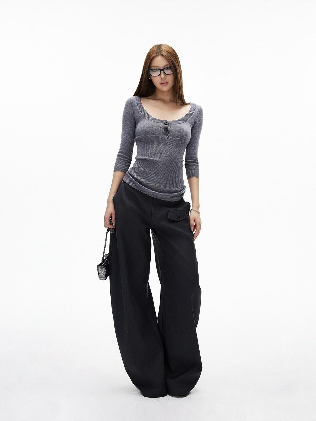 iamxiaa Two Tone U Neck Henley Bone Button Women&
