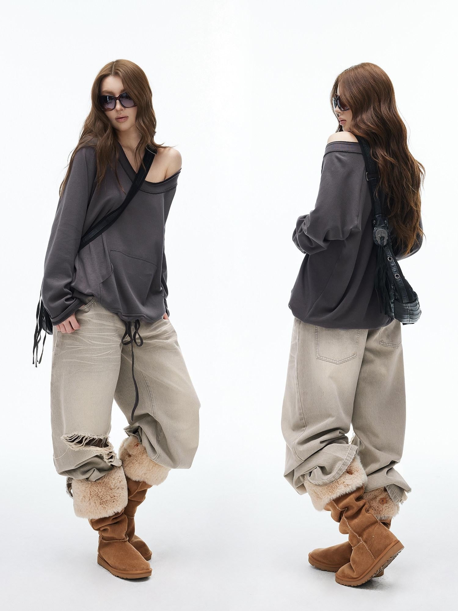 iamxiaa Two Way Crewneck Raglan Drawstring Hem Women&