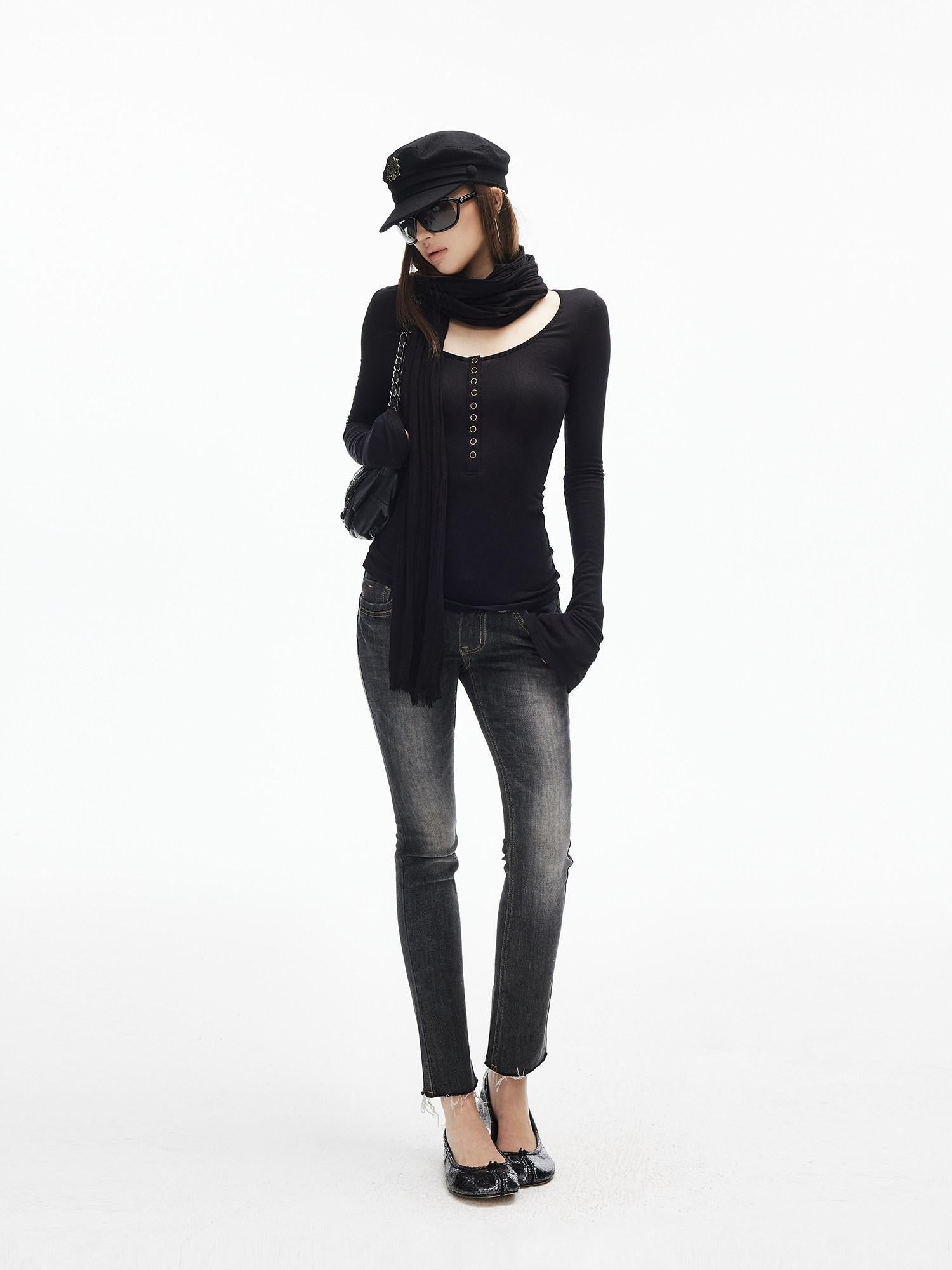 iamxiaa U Neck 9 Button Placket Adjustable Cuffs Women&
