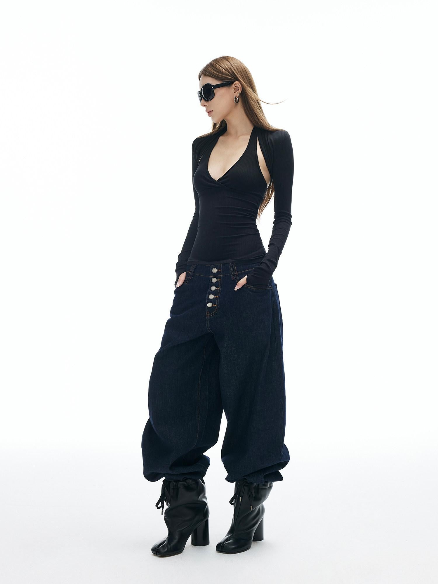 iamxiaa V-neck Halter Waist Cinching Slim Fit Two Piece Women&