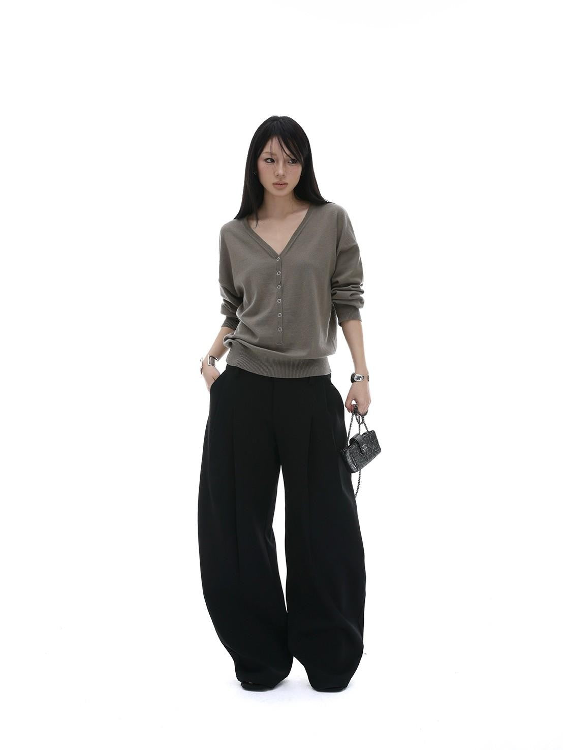 iamxiaa V-neck Henley Hidden Button One Shoulder Women&