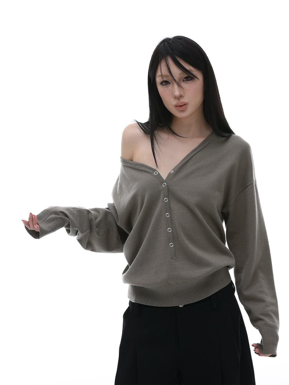 iamxiaa V-neck Henley Hidden Button One Shoulder Women&