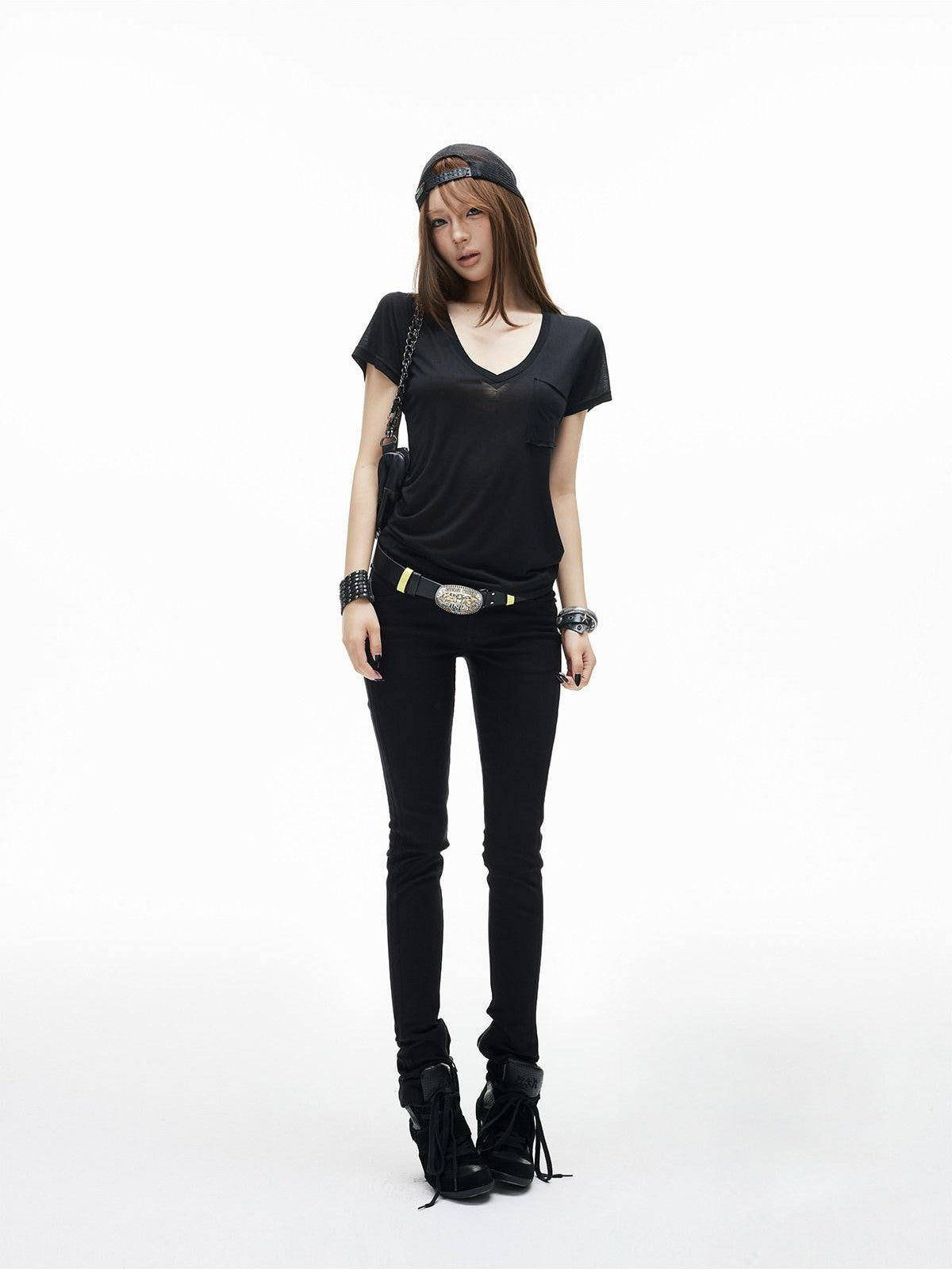 iamxiaa V-neck Patch Pocket Cap Sleeve Women&