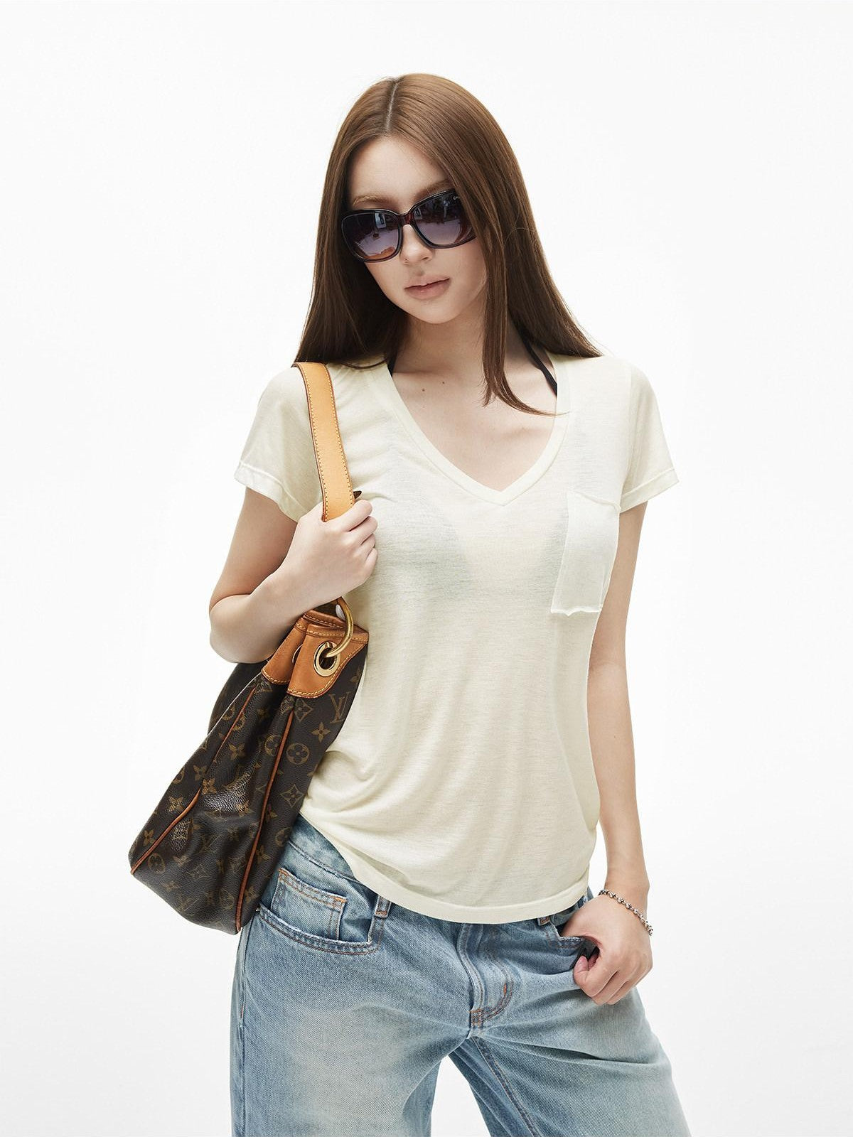 iamxiaa V-neck Patch Pocket Cap Sleeve Women&