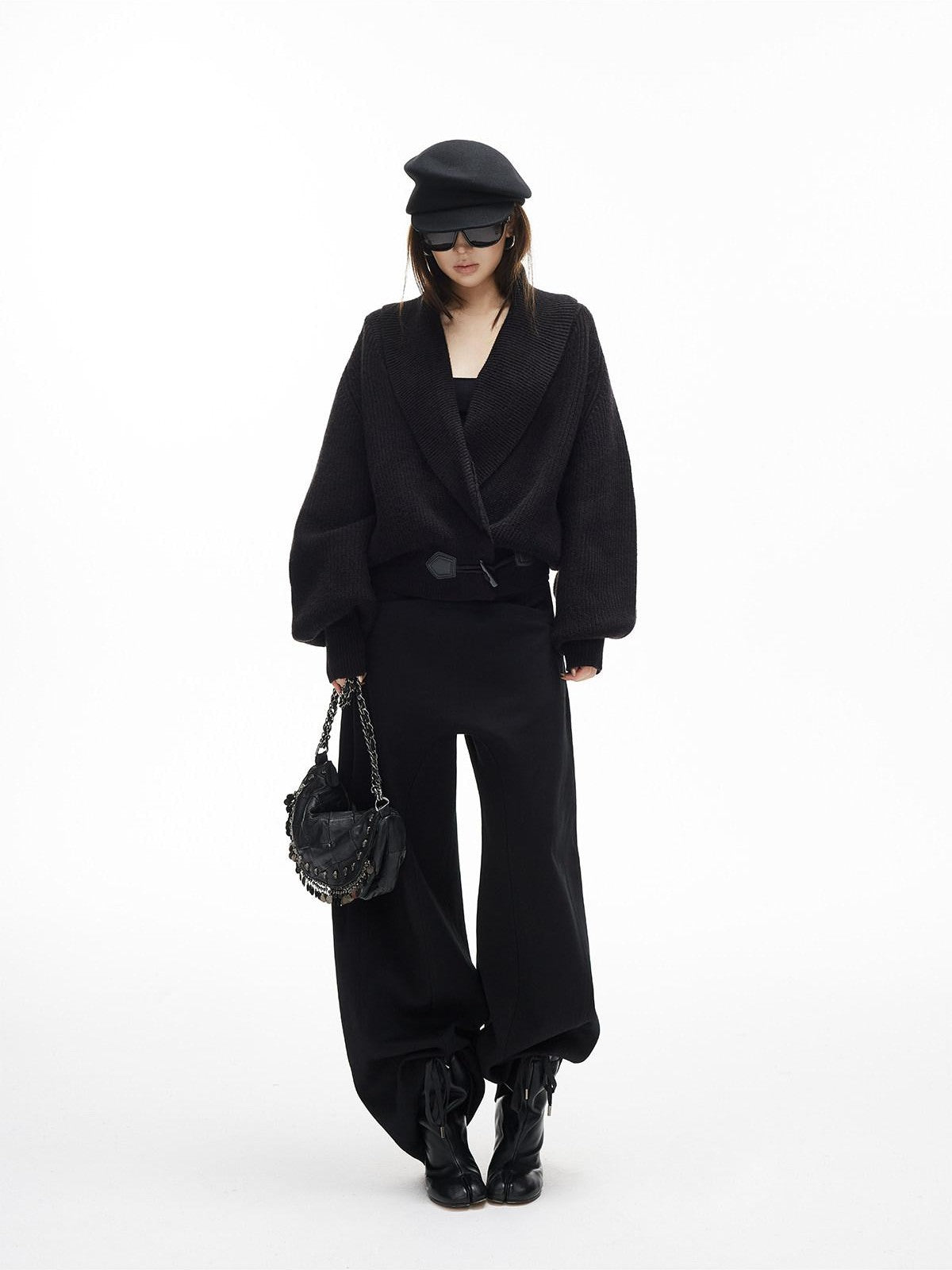 iamxiaa Vertical Rib Turndown Collar Horn Toggle Lantern Sleeve Women&