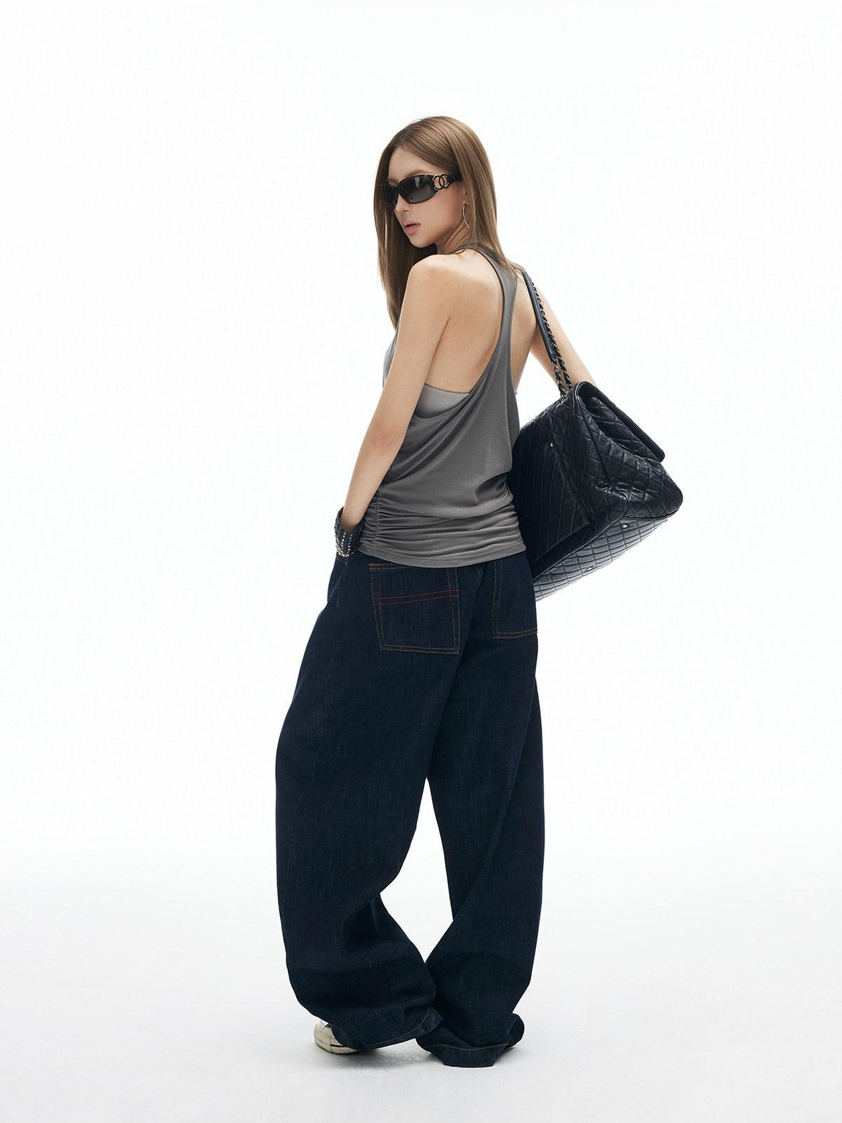 iamxiaa Vintage Button Fly Contrast Topstitch Women&