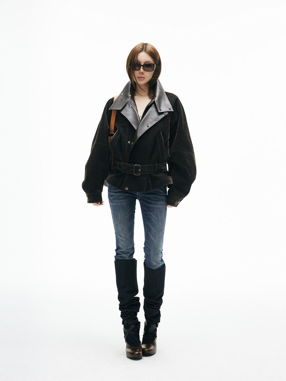 iamxiaa Vintage Flocked Leather Patch Lantern Sleeve Tie Waist Women&