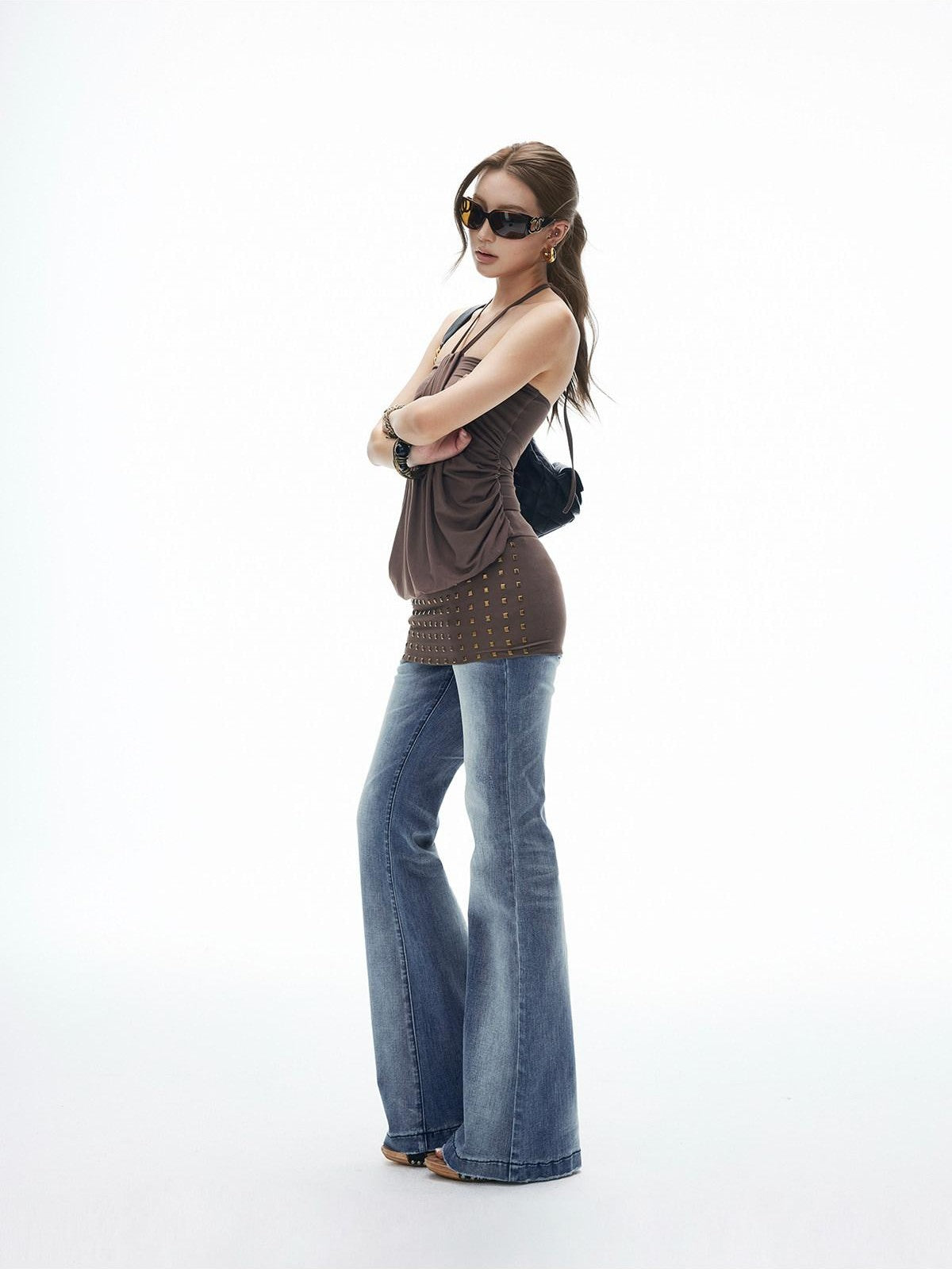 iamxiaa Vintage Gradient Washed Low Rise Slim Micro Flare Women&