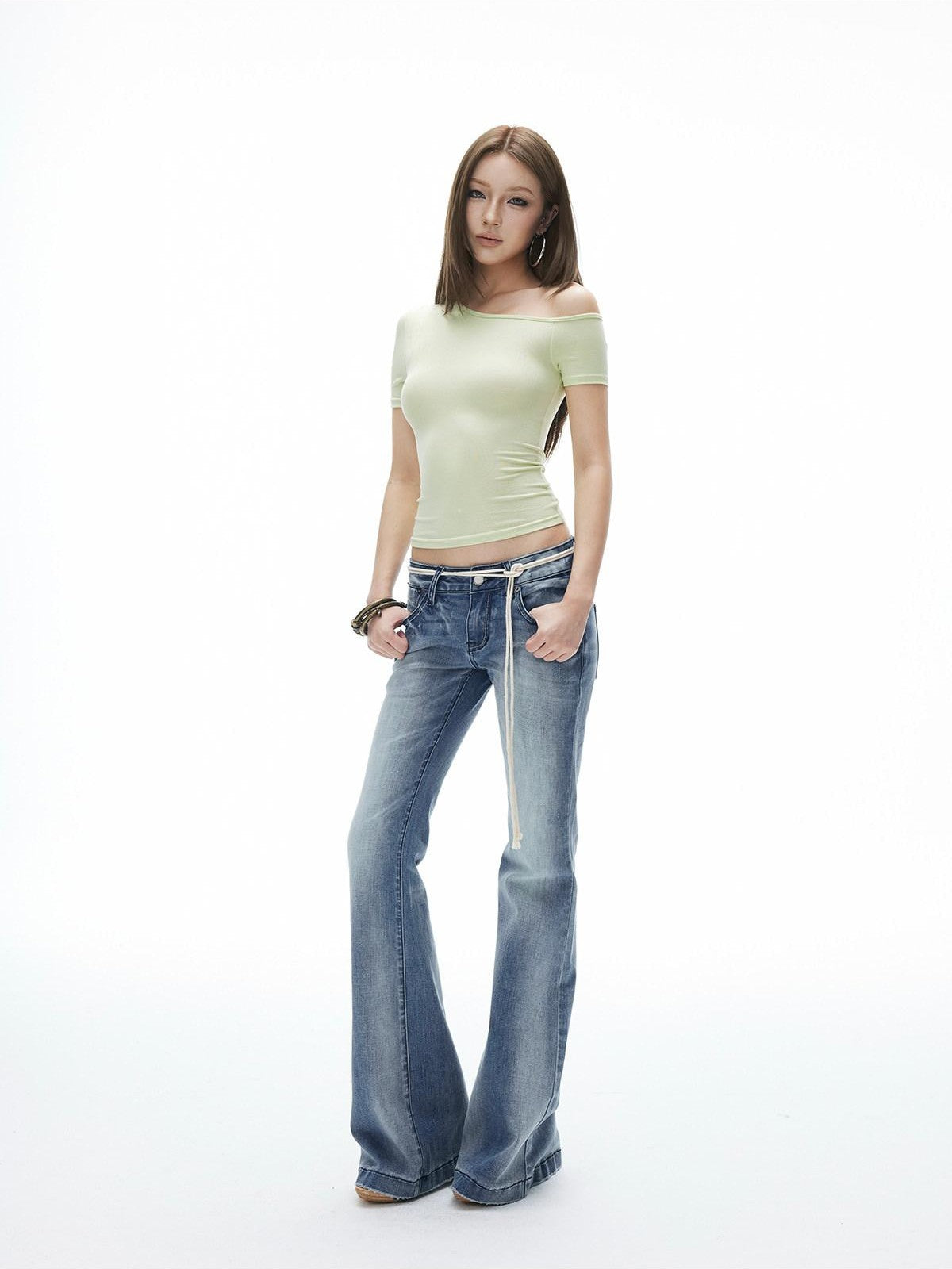 iamxiaa Vintage Gradient Washed Low Rise Slim Micro Flare Women&