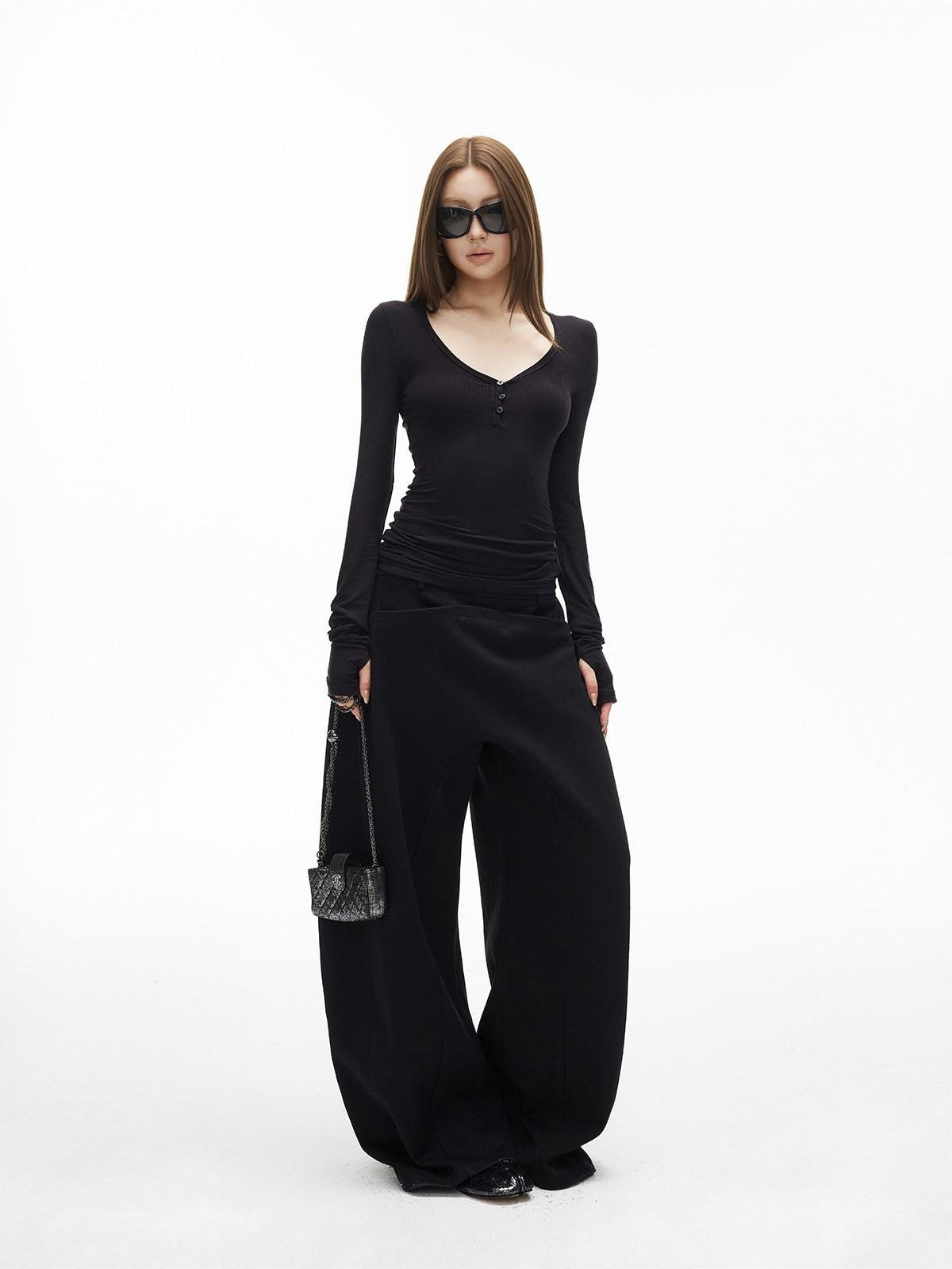 iamxiaa Vintage Ribbed Textured U Neck Henley Women&