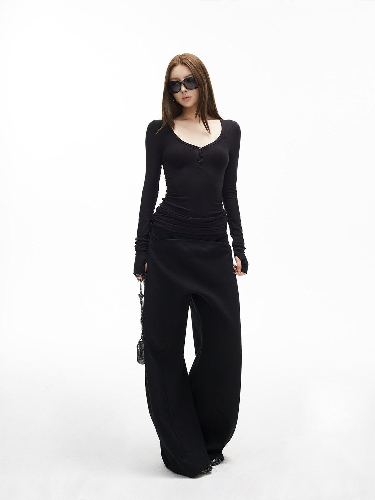 iamxiaa Vintage Ribbed Textured U Neck Henley Women&