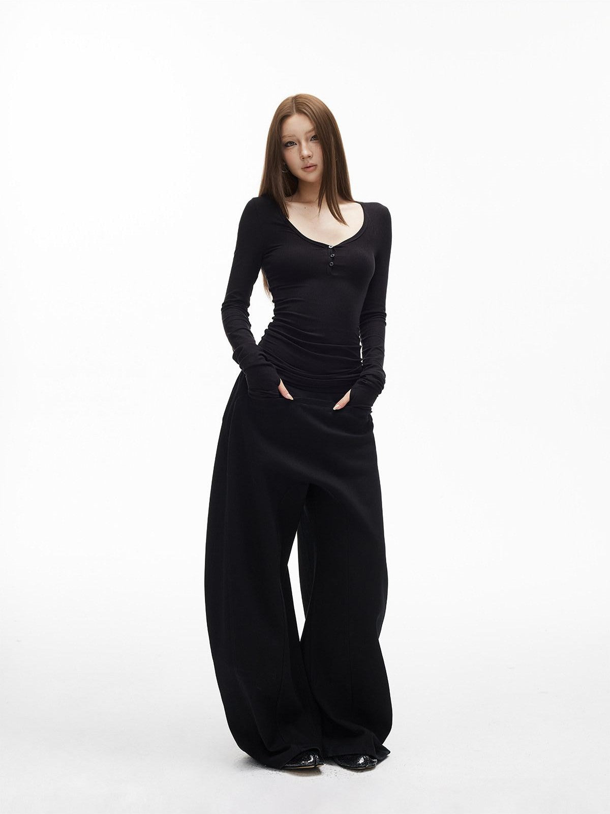 iamxiaa Vintage Ribbed Textured U Neck Henley Women&