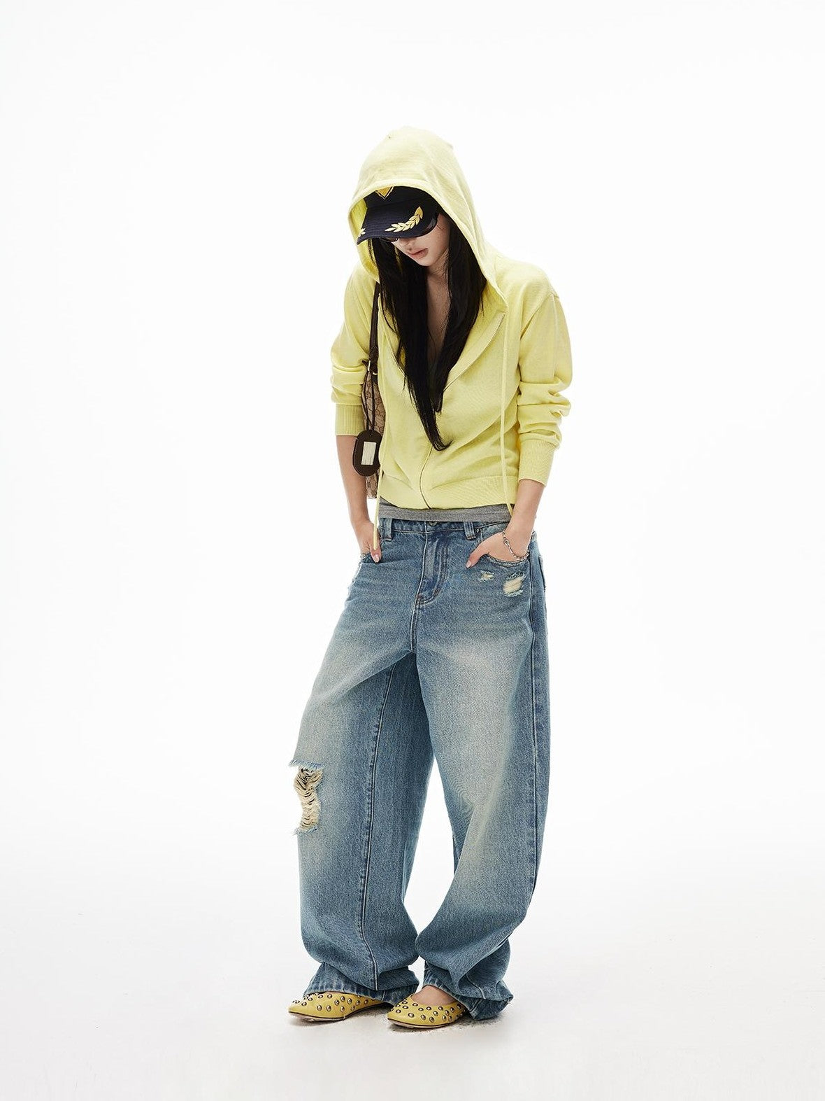 iamxiaa Washed Distressed Low Rise Cotton Twill Women&