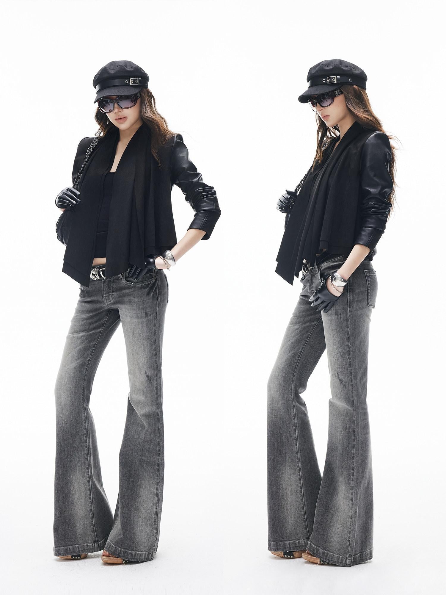 iamxiaa Washed Gray Slub Non Stretch Low Rise Micro Flare Women&
