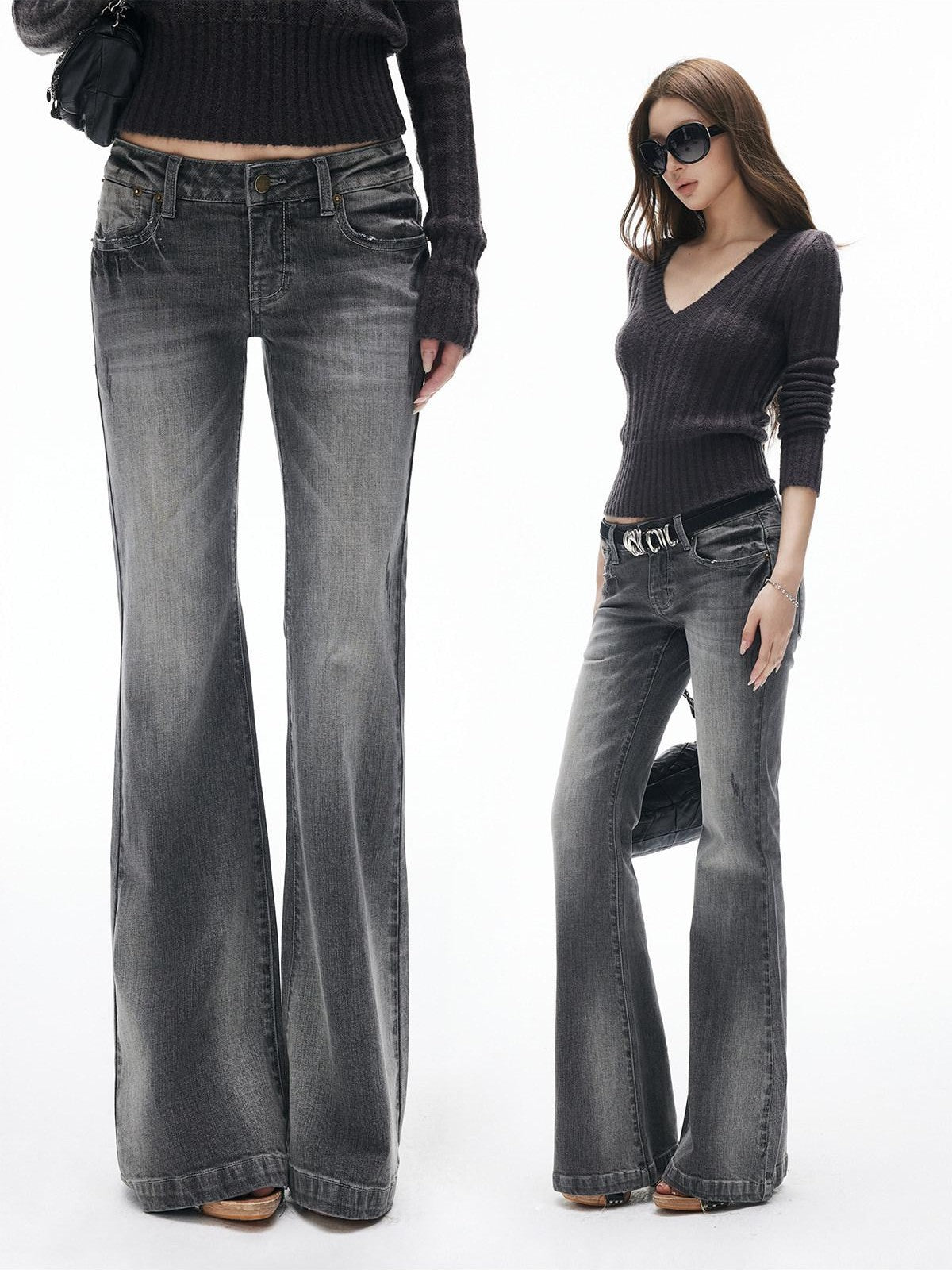 iamxiaa Washed Gray Slub Non Stretch Low Rise Micro Flare Women&