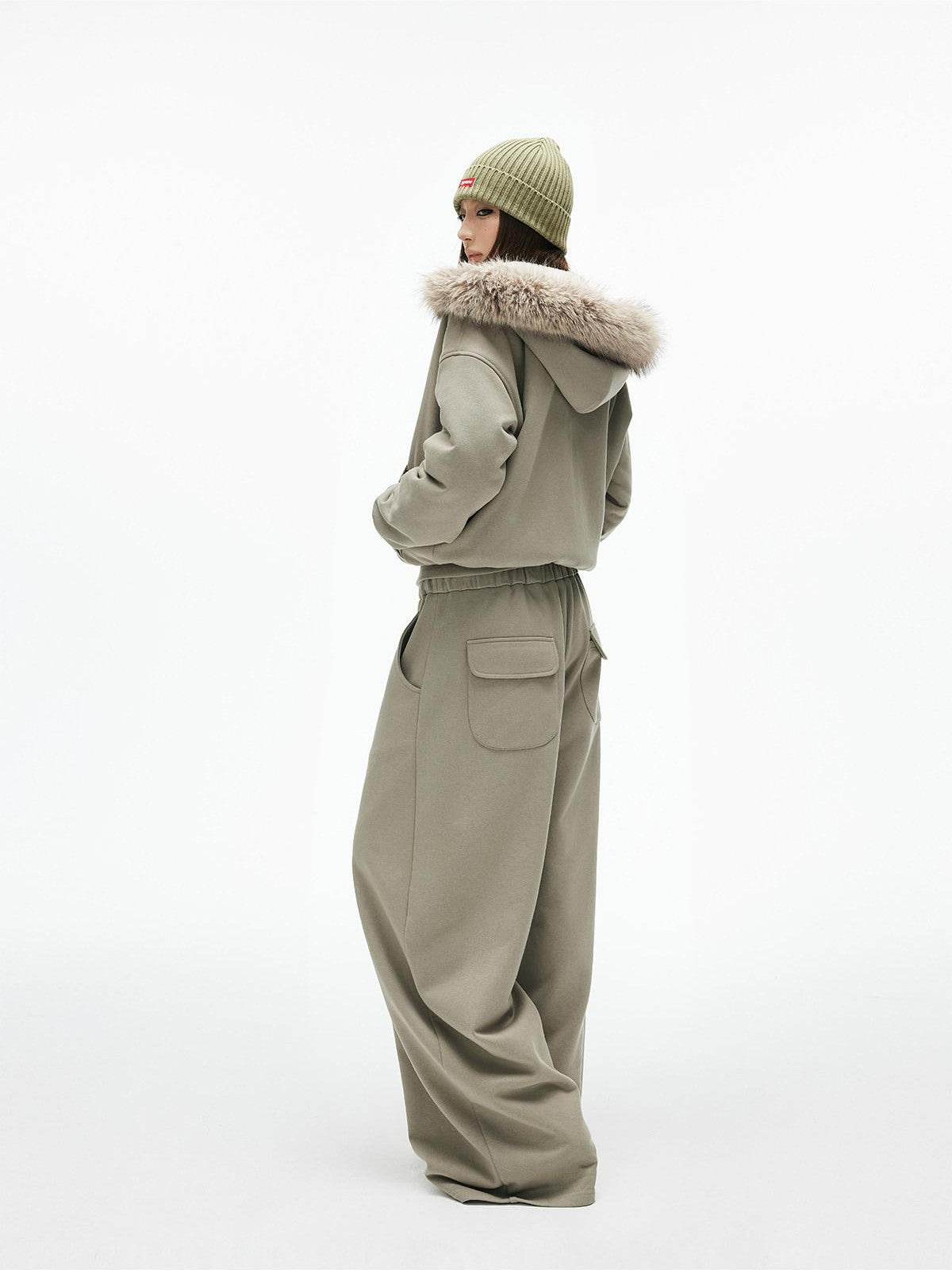 iamxiaa Washed Pea Green Garment Dyed Eco Fur Collar Fleece Women&