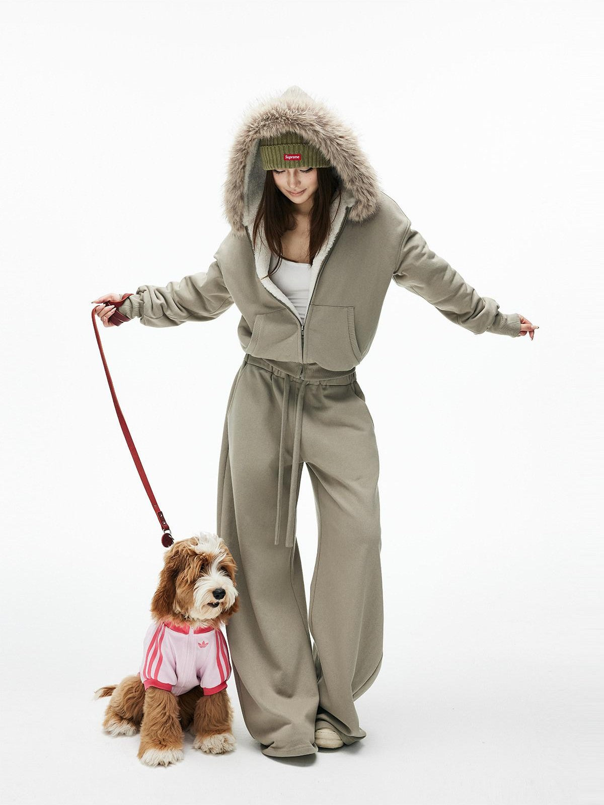 iamxiaa Washed Pea Green Garment Dyed Eco Fur Collar Fleece Women&