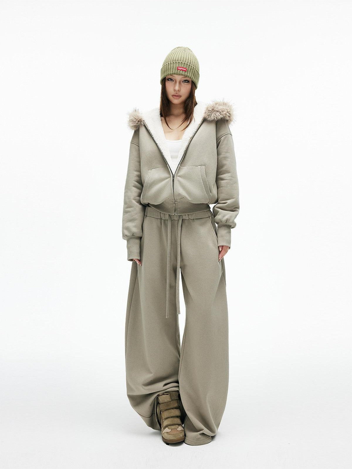 iamxiaa Washed Pea Green Garment Dyed Eco Fur Collar Fleece Women&