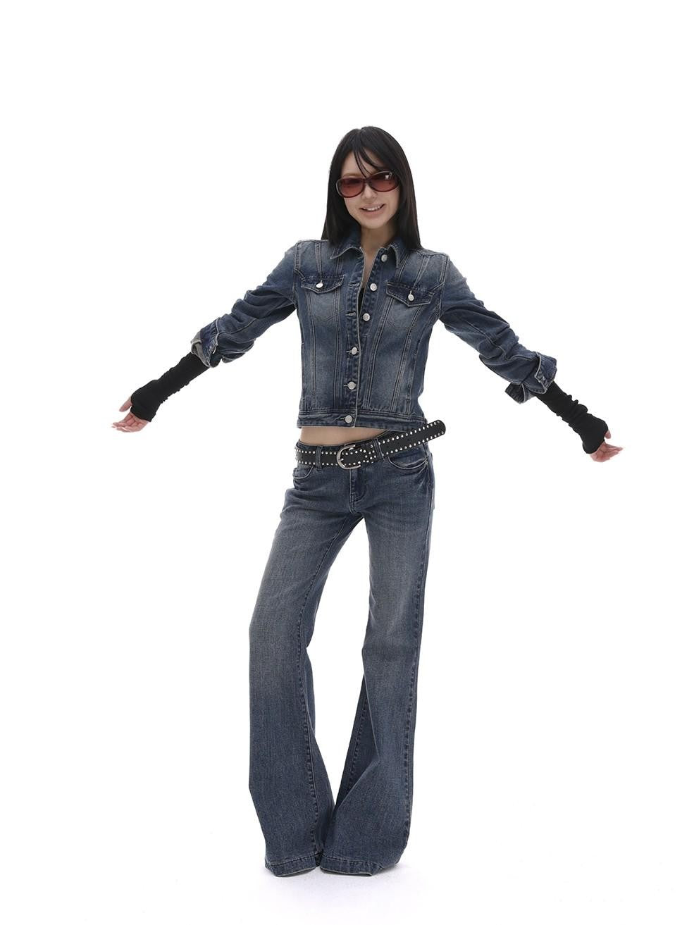 iamxiaa Washed Short Jacket Low Rise Flare Pants Women&