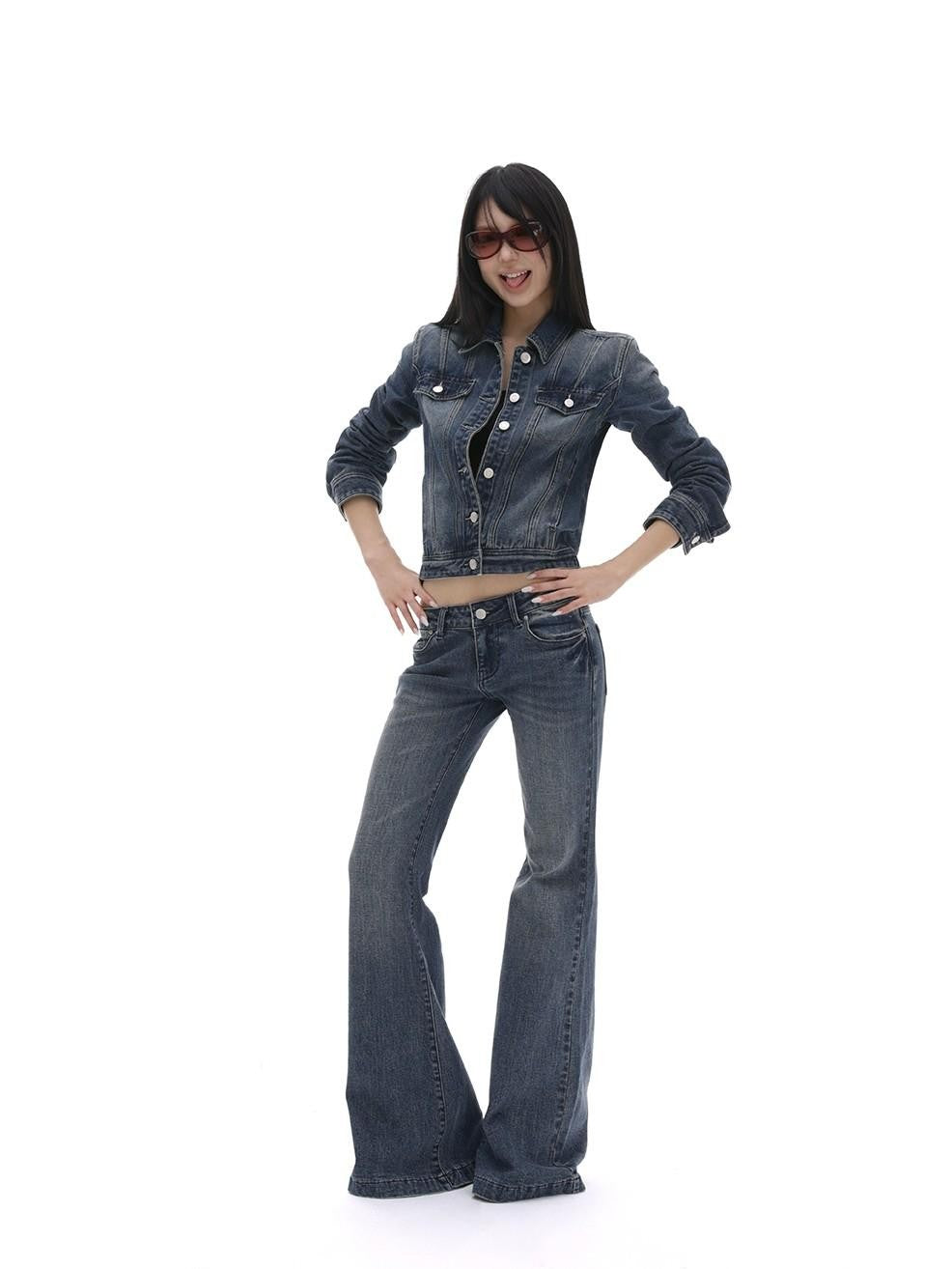 iamxiaa Washed Short Jacket Low Rise Flare Pants Women&