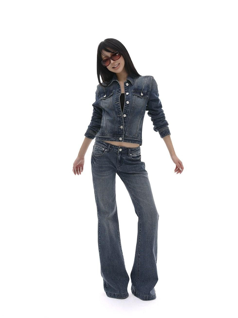 iamxiaa Washed Short Jacket Low Rise Flare Pants Women&
