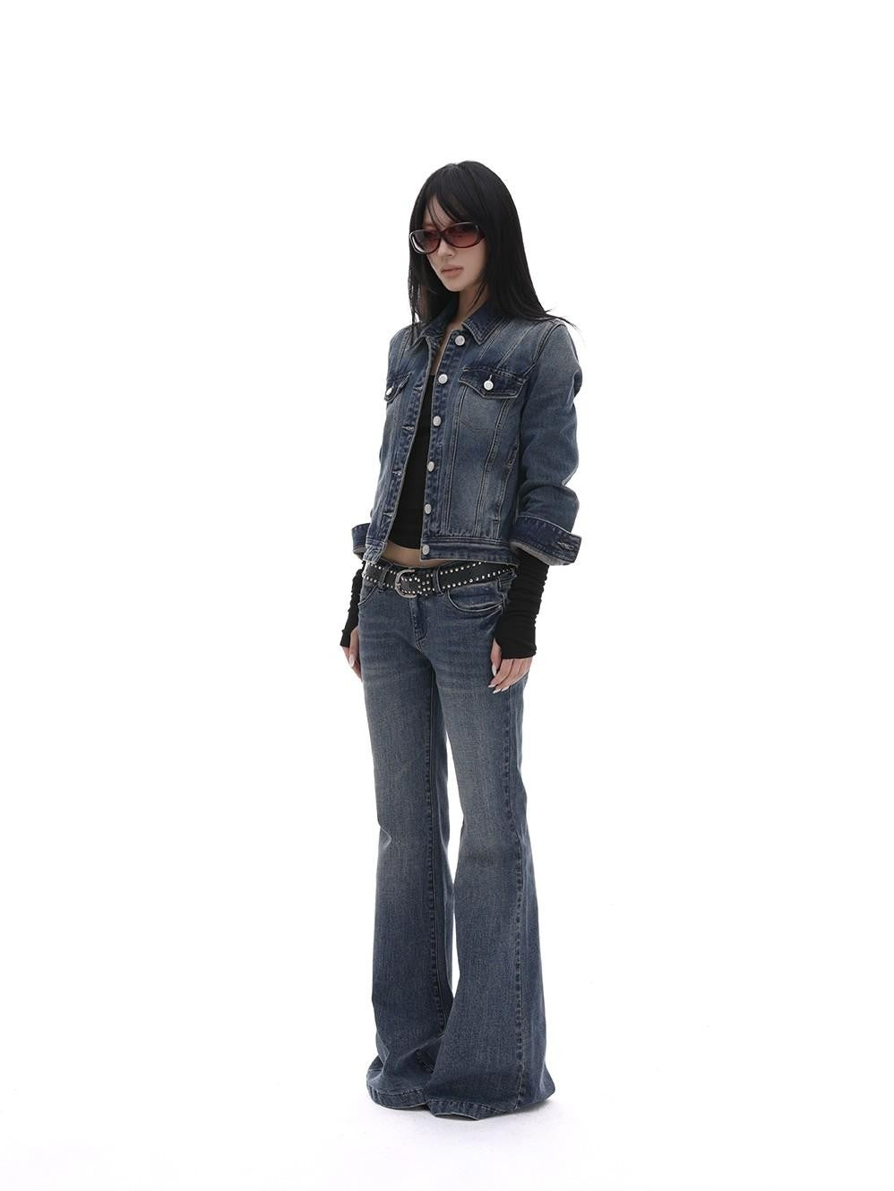 iamxiaa Washed Short Jacket Low Rise Flare Pants Women&