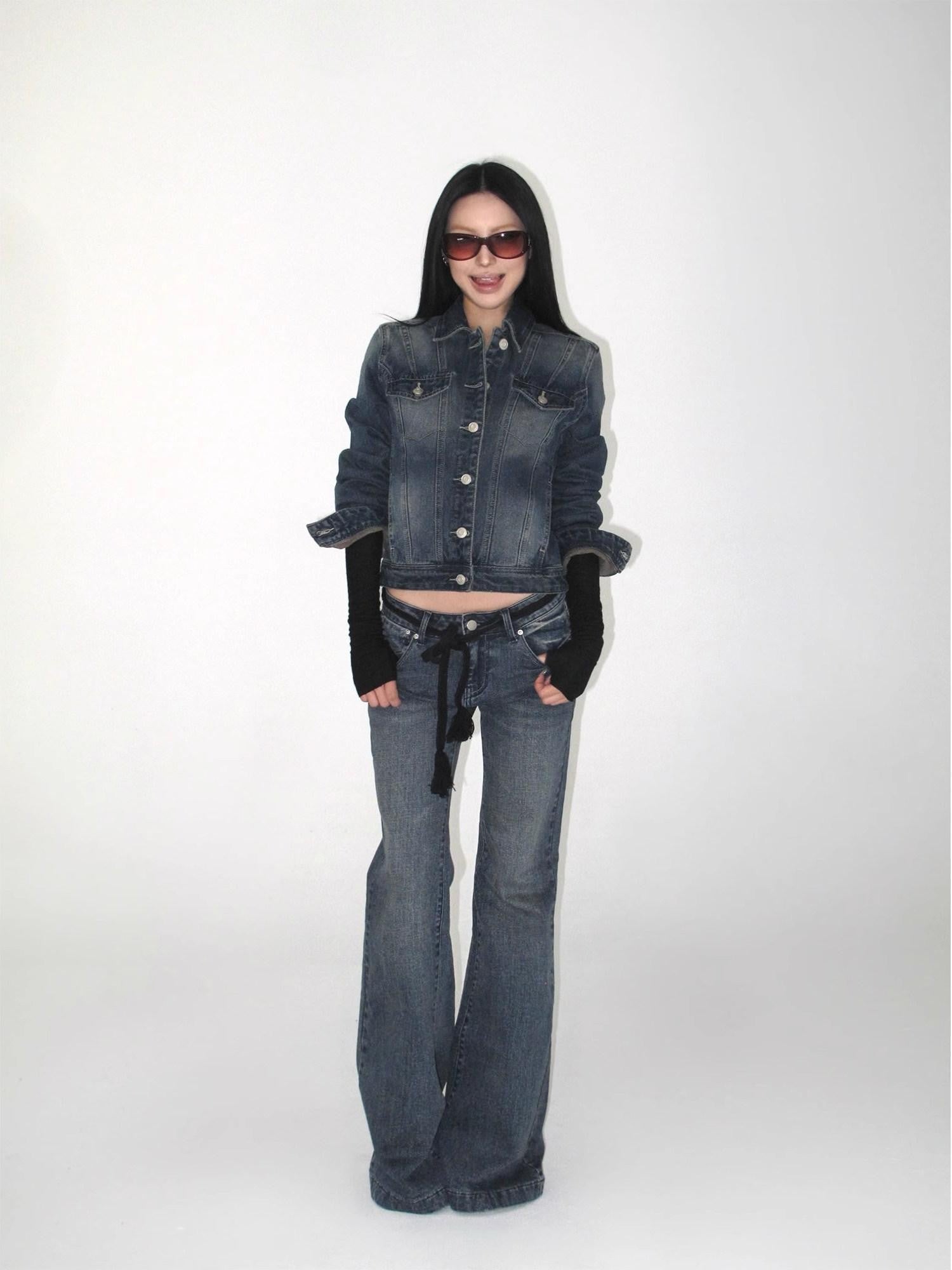 iamxiaa Washed Short Jacket Low Rise Flare Pants Women&