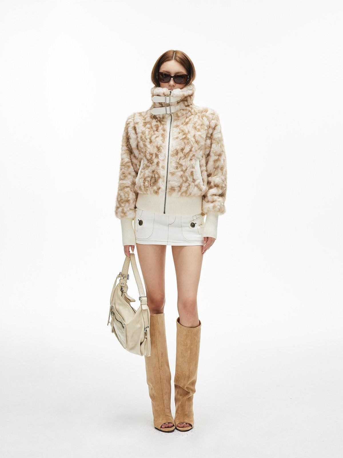 iamxiaa White Coffee Ombre Foldable Stand Collar Leather Tab Women&