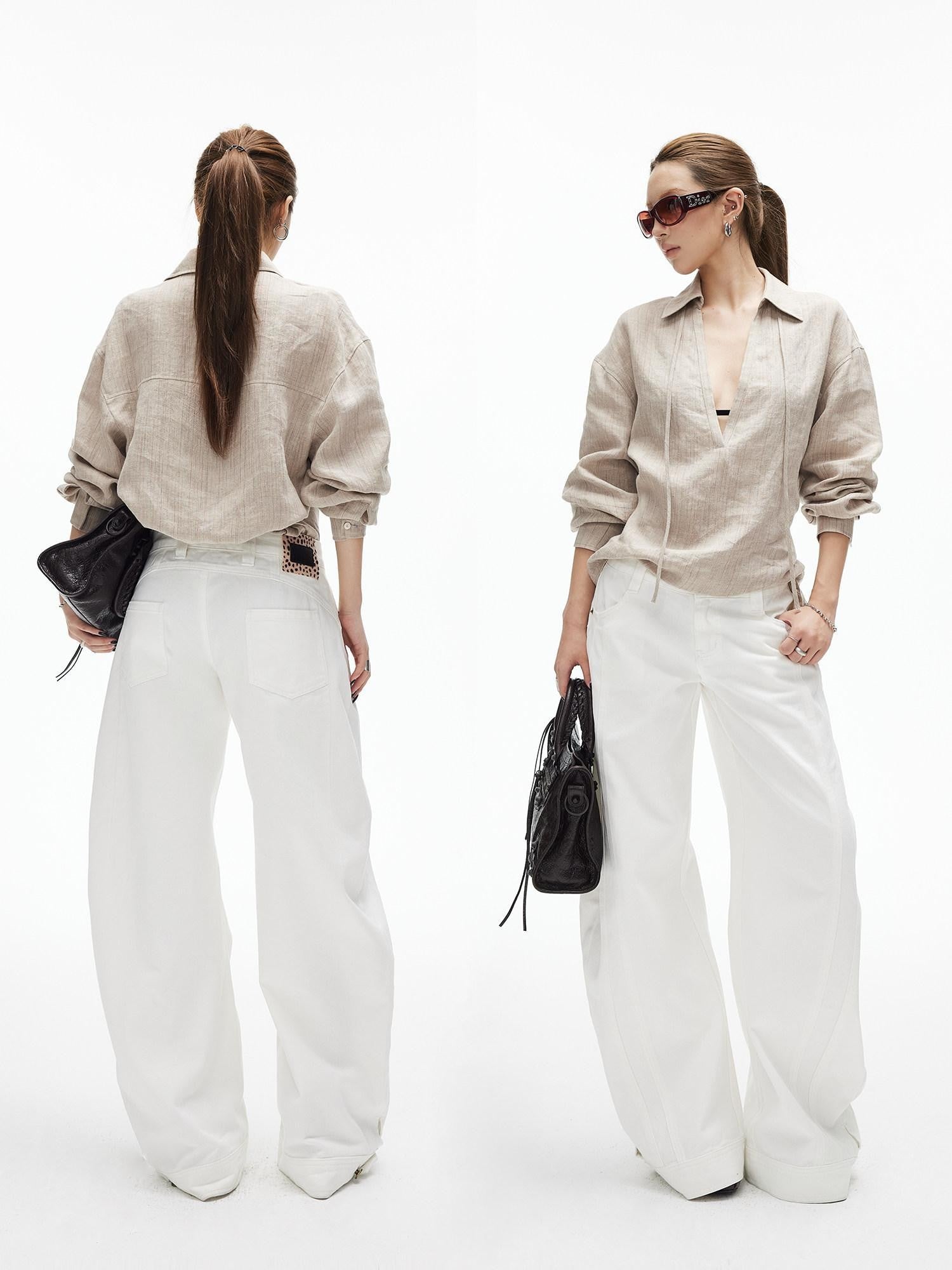 iamxiaa White Double Stitch Split Hem Cut Copper Button Women&