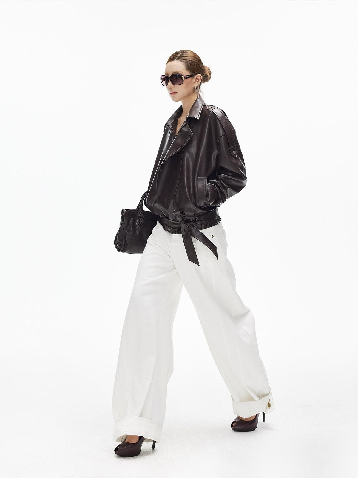iamxiaa White Double Stitch Split Hem Cut Copper Button Women&