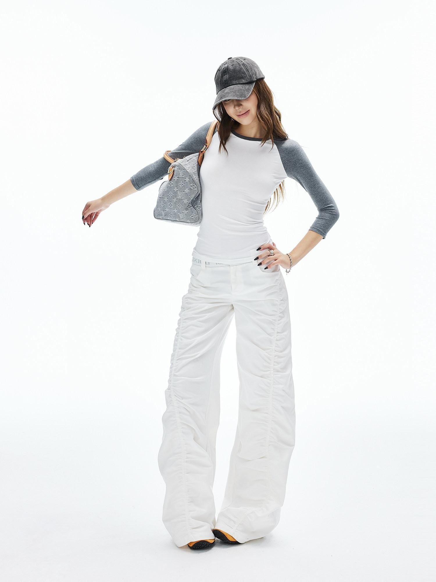 iamxiaa White Gray Colorblock Raglan Crew Fitted Women&