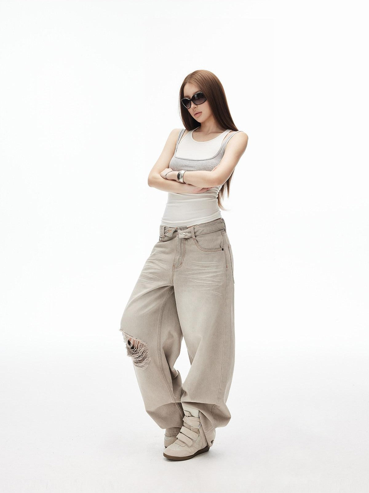 iamxiaa White Gray Contrast Racerback Slim Layered Women&