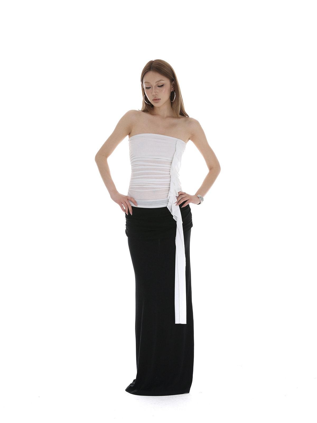 iamxiaa White Ruched Ruffle Ribbon Slimming Women&
