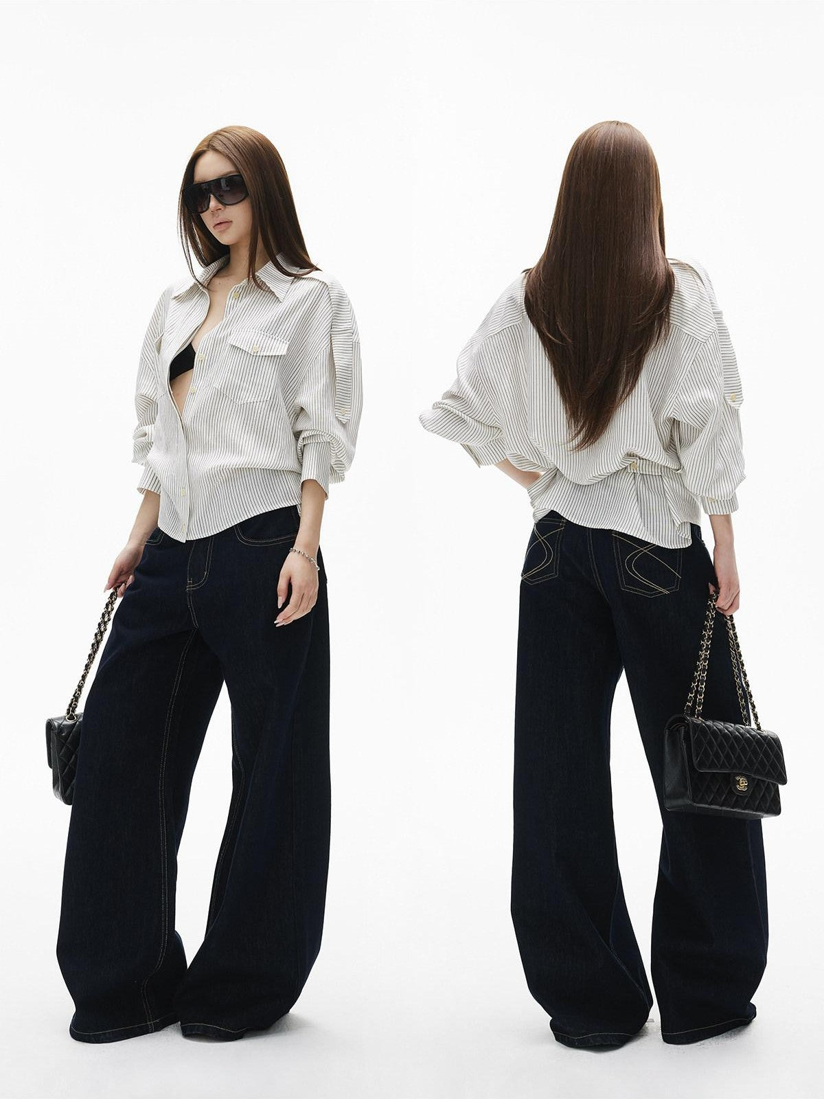 iamxiaa White Stripe Flap Pocket Epaulet Adjustable Back Tab Women&