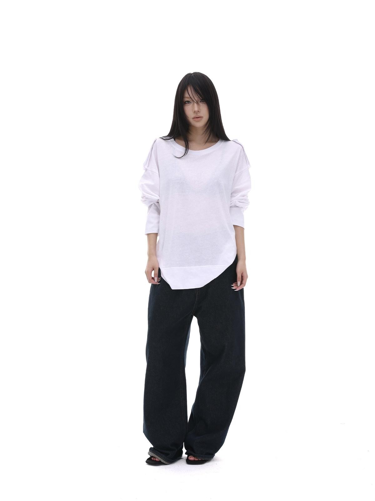 iamxiaa White Wide Shoulder Tabs Loose Layered Pullover Women&