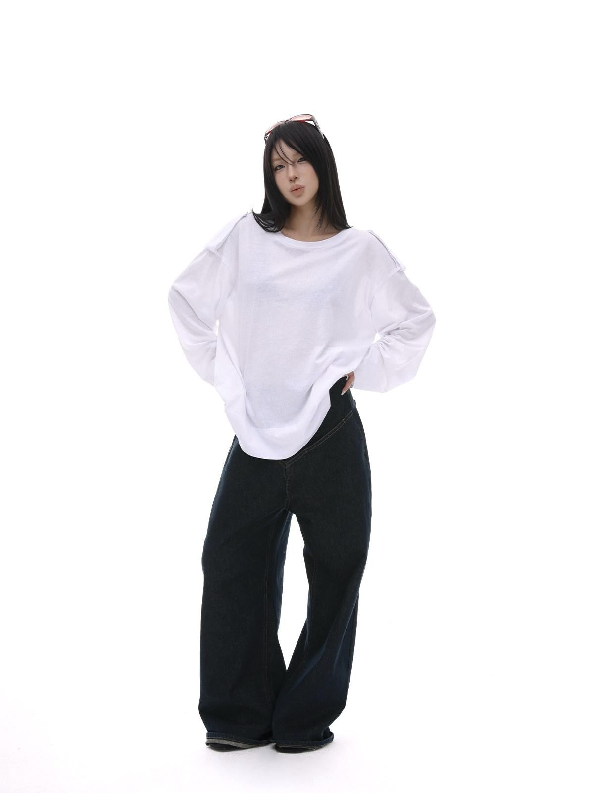 iamxiaa White Wide Shoulder Tabs Loose Layered Pullover Women&