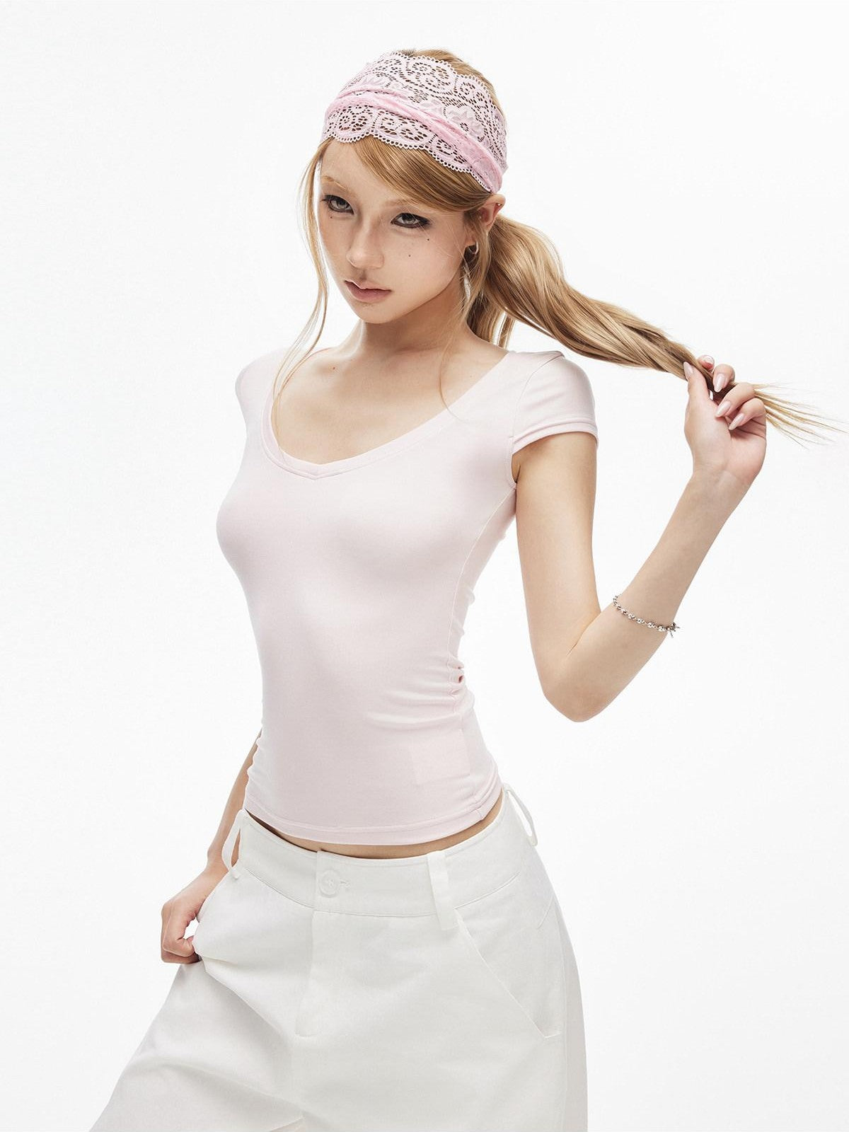 iamxiaa Wing Print Heart Neckline Cap Sleeve Women&