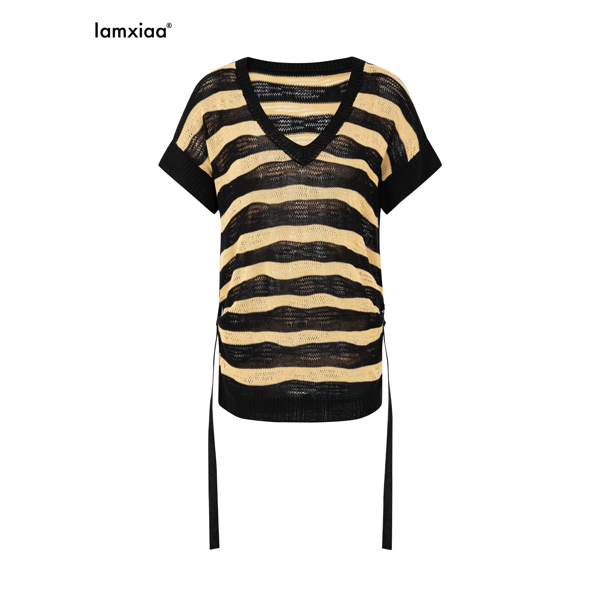 iamxiaa_Yellow_Black_Striped_Openwork_V-neck_Batwing_Women&
