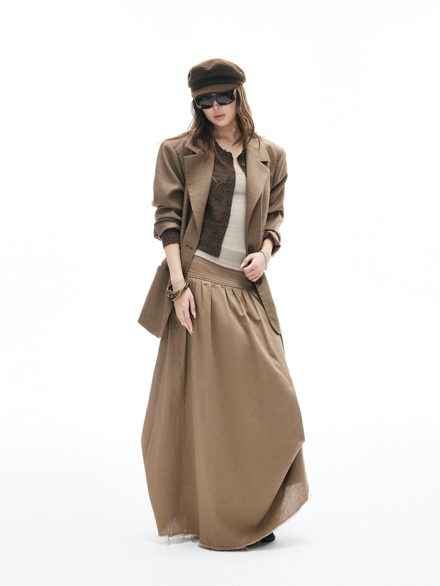 iamxiaa Yellow Brown Houndstooth Wide Shoulder Notched Lapel Women&