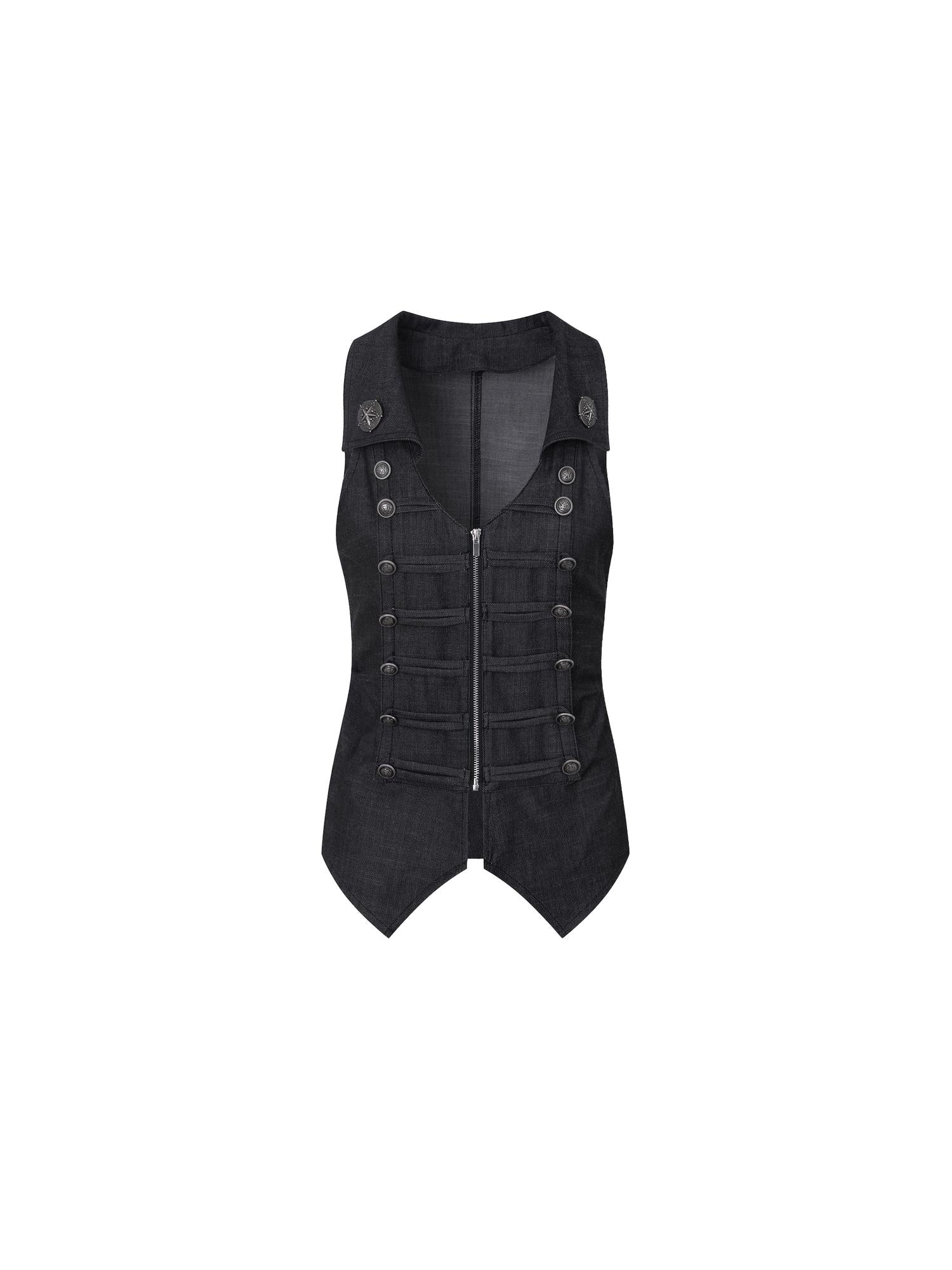 DoublePunch Vintage Metal Button Zip Vest For Women Slim Waist Vests