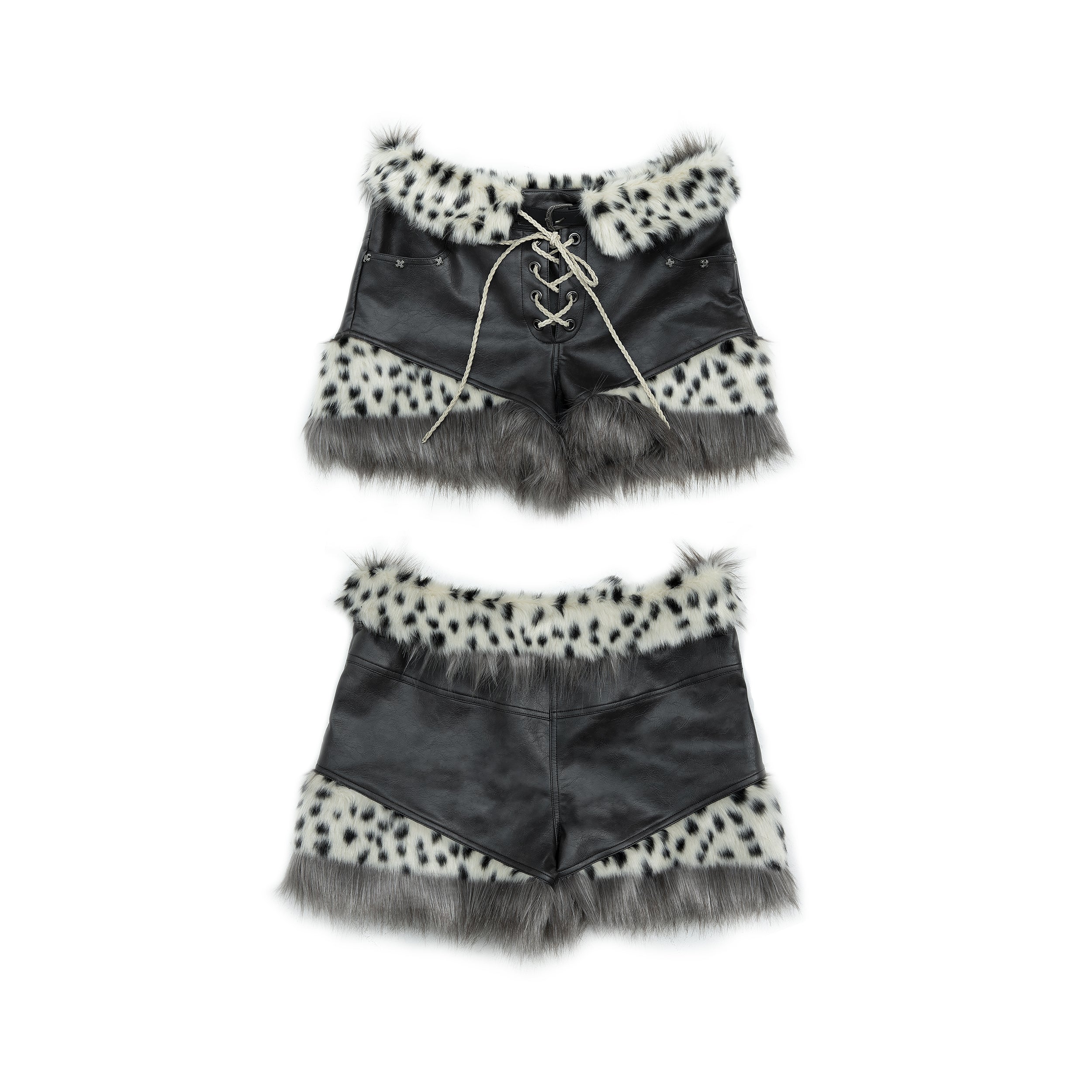 NO ROMANCE Dark Punk Harajuku Y2K Faux Fur Leather Shorts