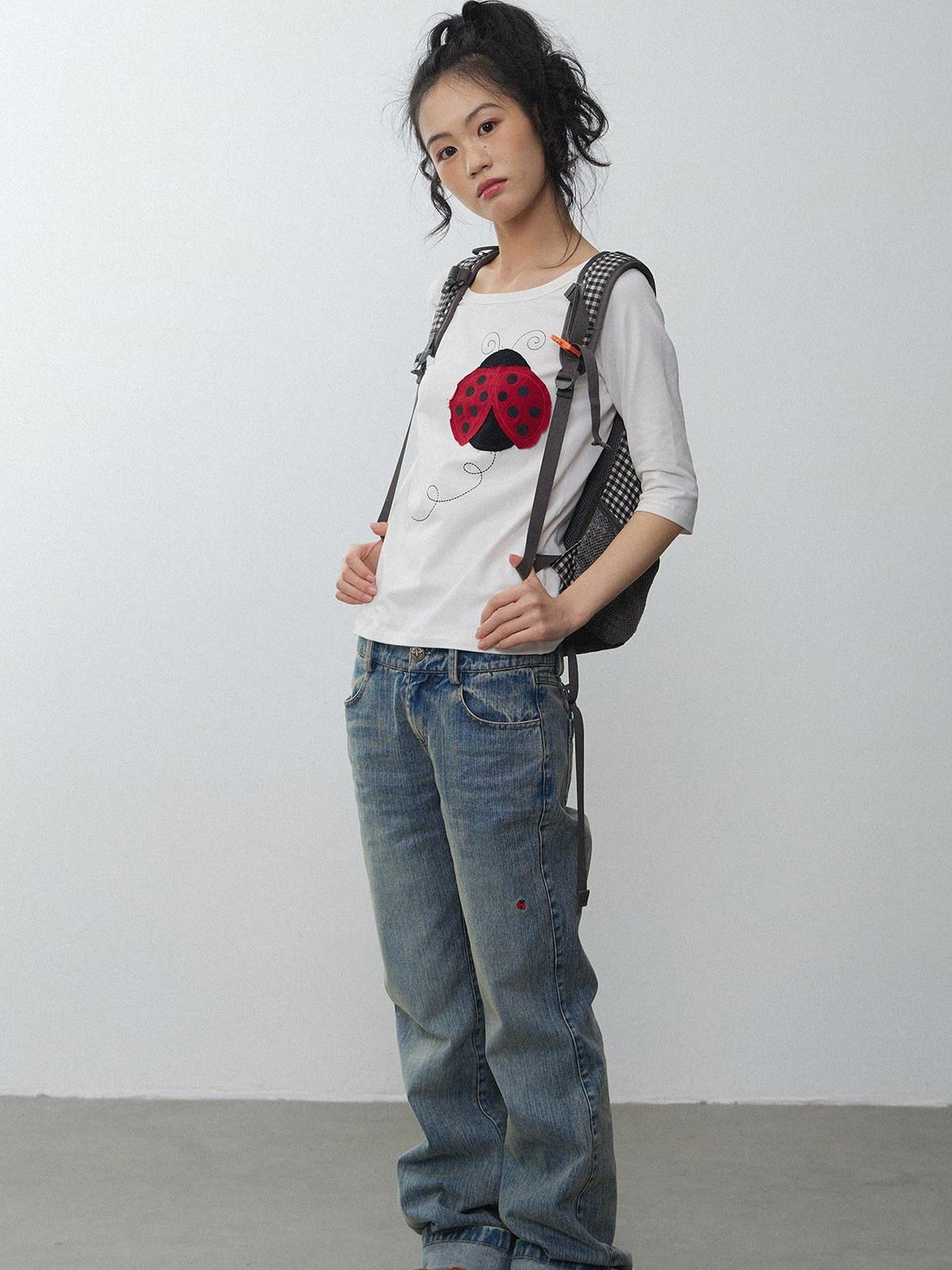 in two twos Black White Striped Ladybug Applique Women&