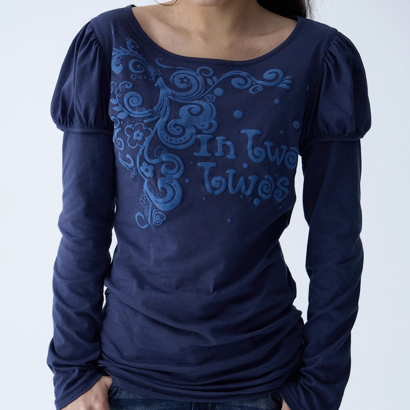 in_two_twos_Blue_Puff_Sleeve_Faux_Layered_Letter_Print_Women&