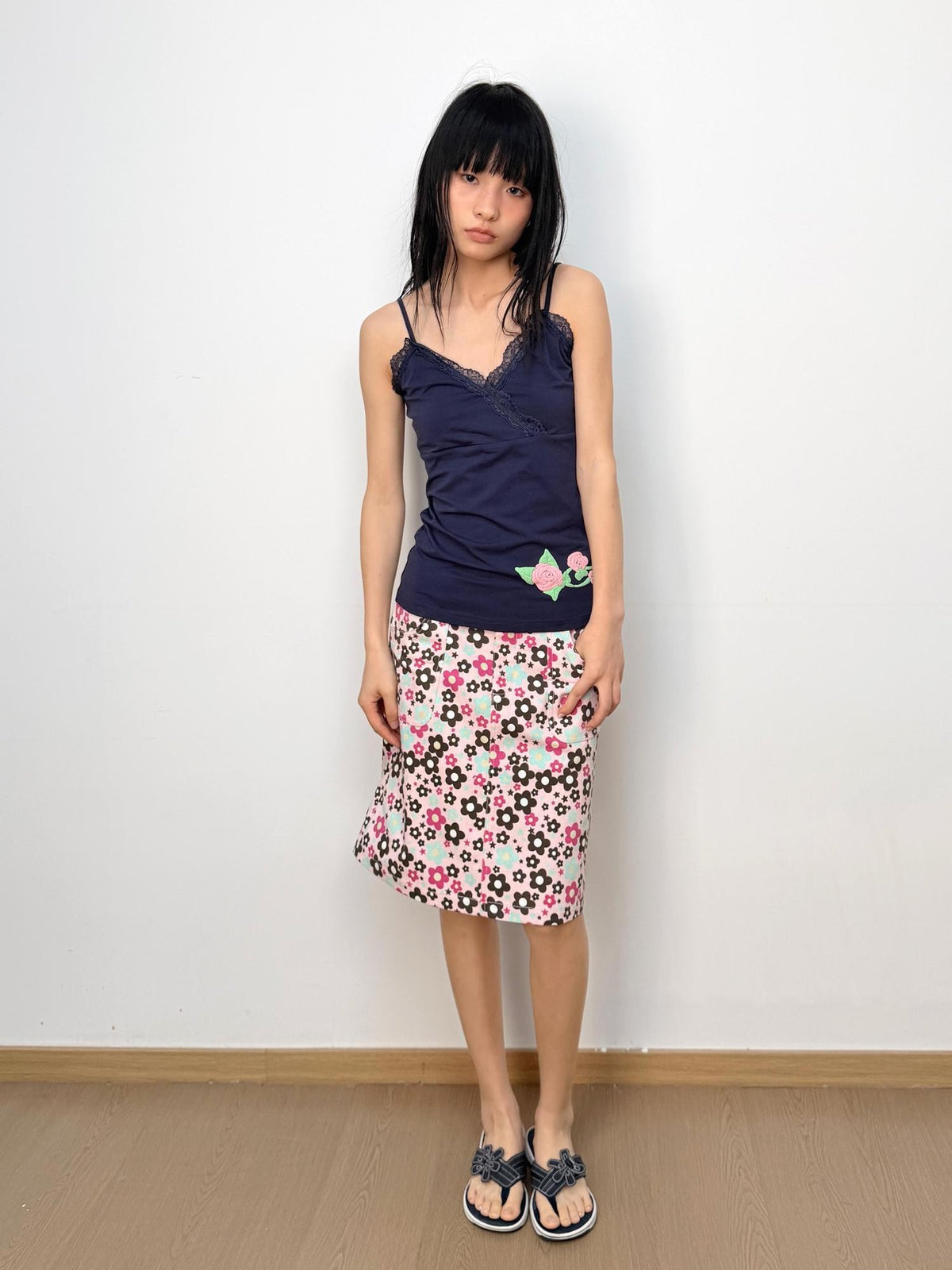 in two twos Floral Lace Trim Cross Front Adjustable Strap Cotton Women&