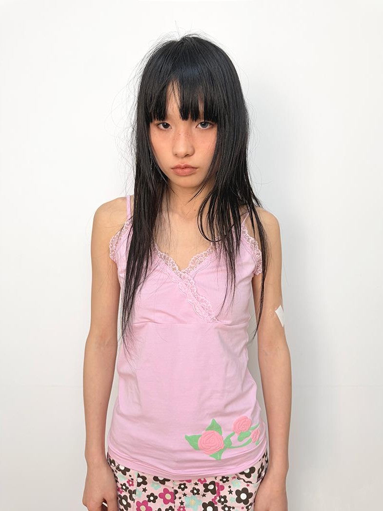 in two twos Floral Lace Trim Cross Front Adjustable Strap Cotton Women&