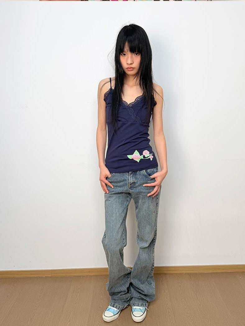 in two twos Floral Lace Trim Cross Front Adjustable Strap Cotton Women&