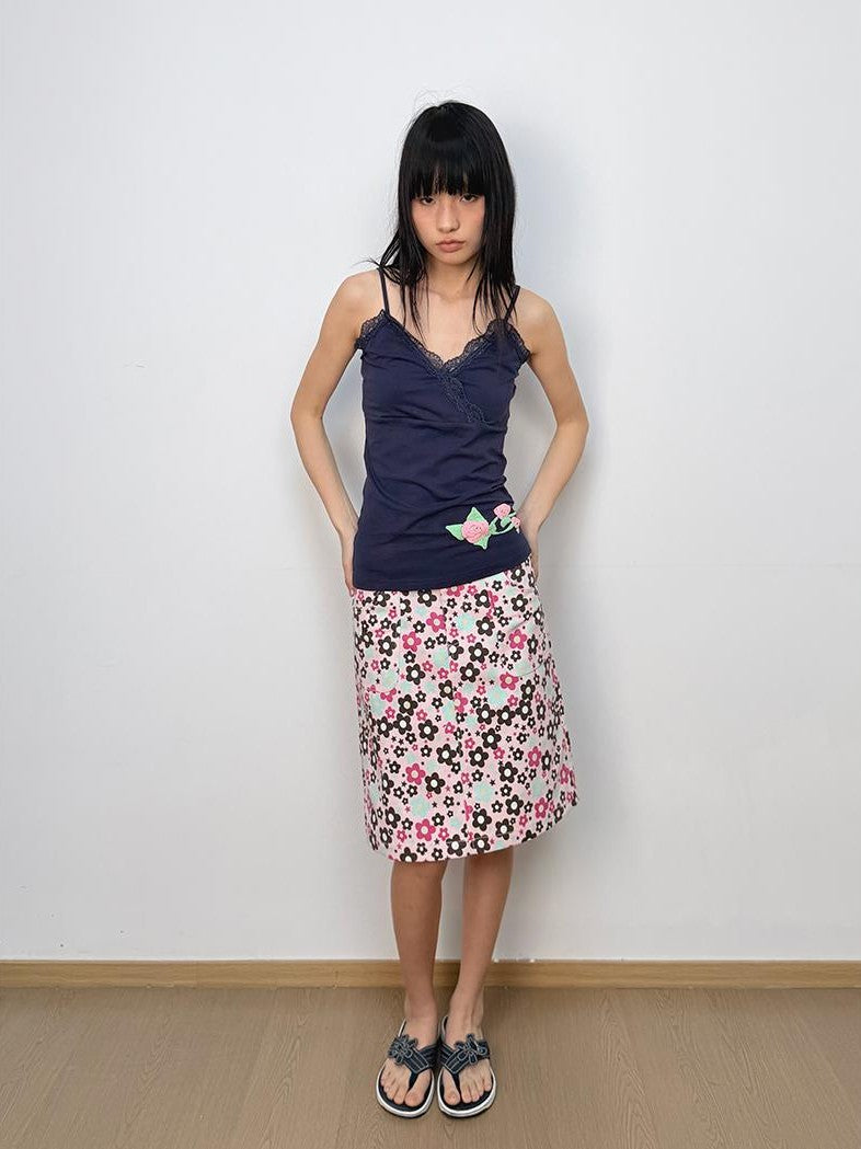 in two twos Floral Lace Trim Cross Front Adjustable Strap Cotton Women&