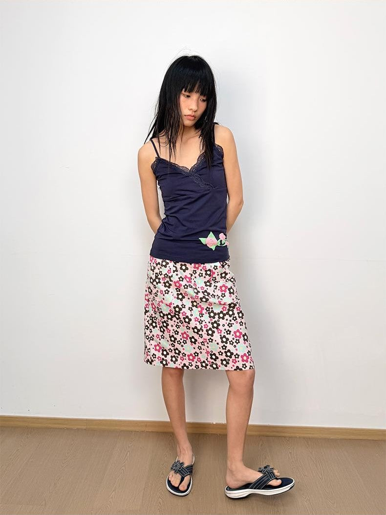 in two twos Floral Lace Trim Cross Front Adjustable Strap Cotton Women&